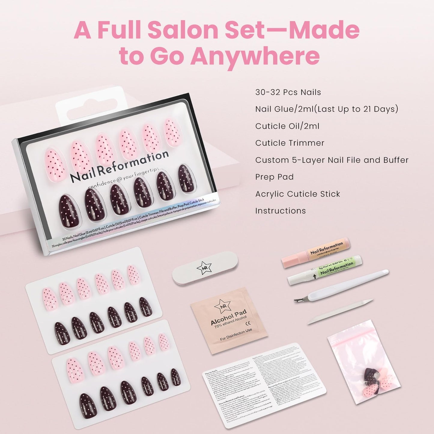 Nail Reformation Polka Dot Almond Press On Nails – Short Pink UV Finish, Reusable, 32 Tips, Glue Included | 16 Sizes