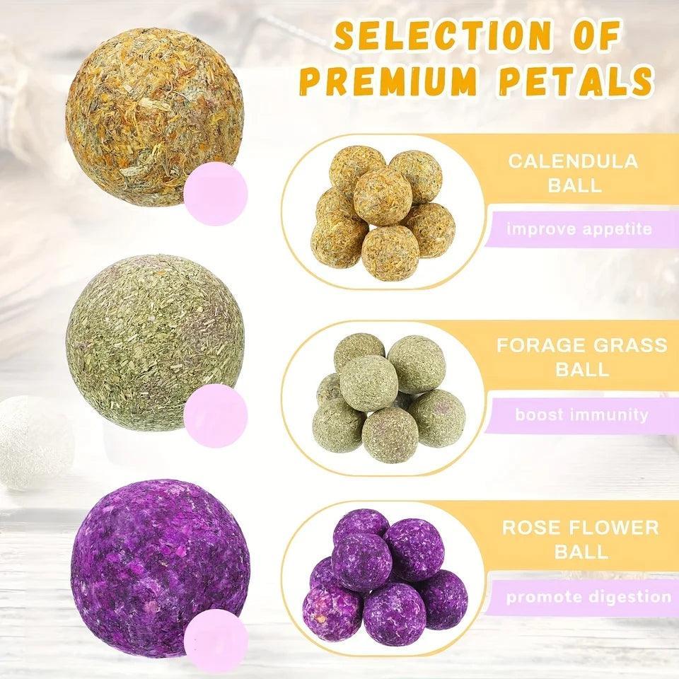 Natural Flower Flavored Timothy Hay Chew Balls 30Pcs - for Rabbits, Hamsters, Guinea Pigs, and Rats