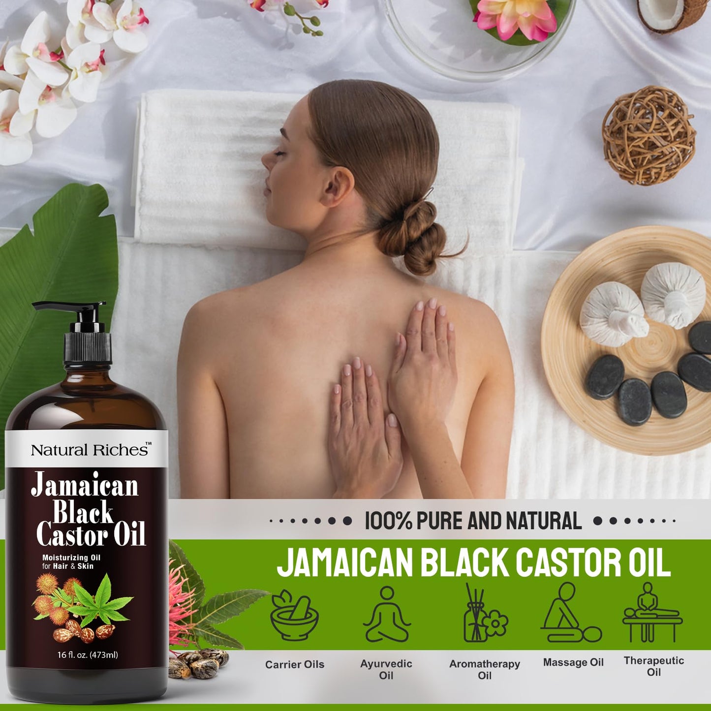 Natural Riches Jamaican Black Castor Oil – Organic Cold-Pressed, Glass Bottle, 16 oz for Hair, Skin, Lashes