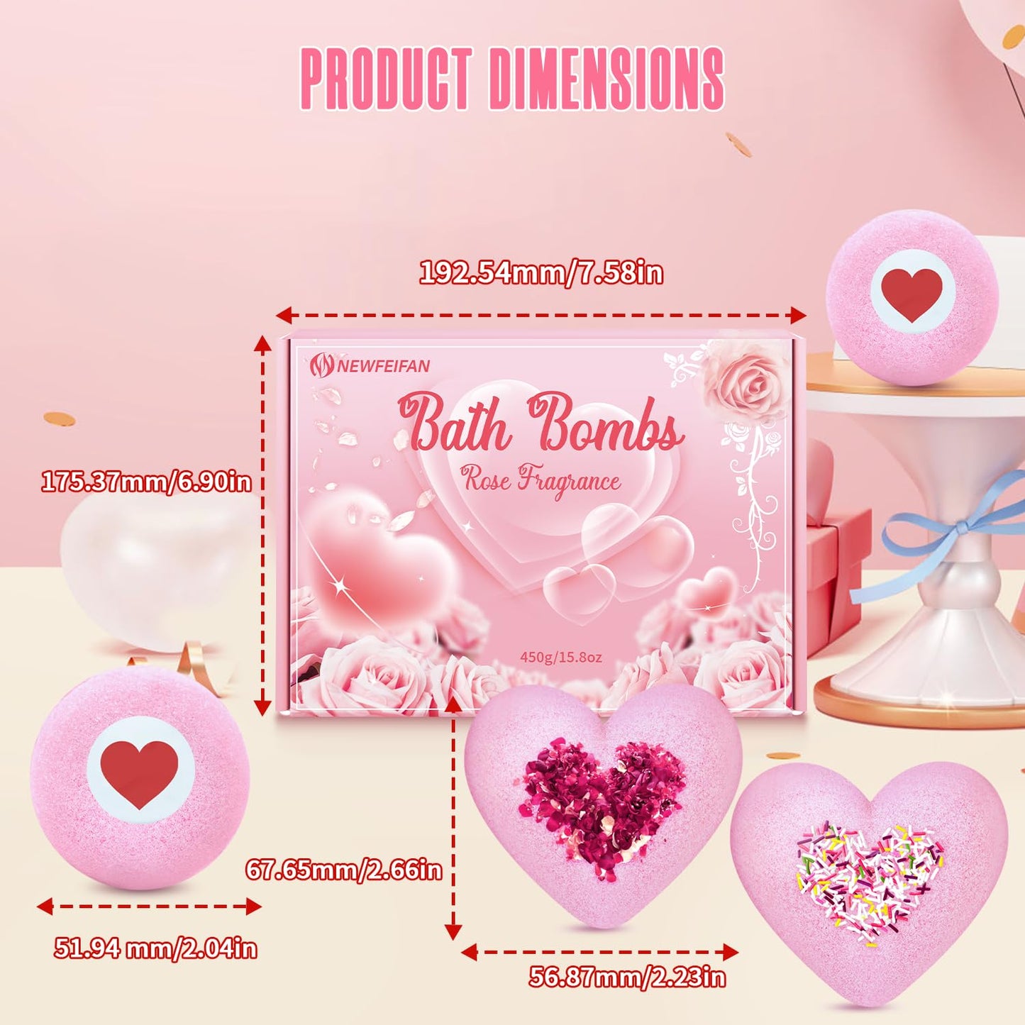 NEWFEIFAN Valentines Bath Bombs – XXL 4-Pack with Rose Oil | Handmade Natural & Organic Gift Set