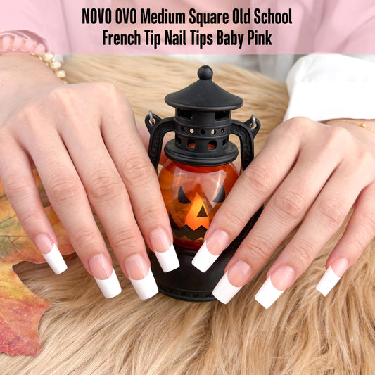 NOVO OVO Old School Wide White French Tip Nails – Press On, Baby Pink, 240 pcs, 15 Sizes