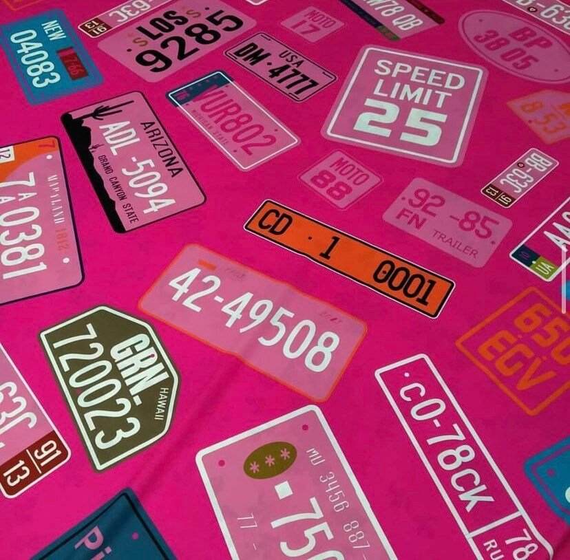 Pink Number Plate Pattern Fabric by Metre