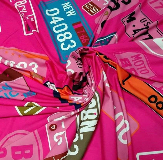 Pink Number Plate Pattern Fabric by Metre