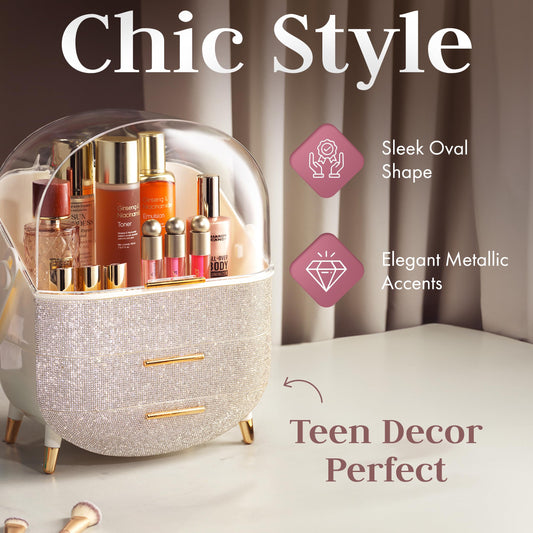Oizeir Covered Makeup Countertop – Large Cosmetic Organizer with Clear Lid & Drawers