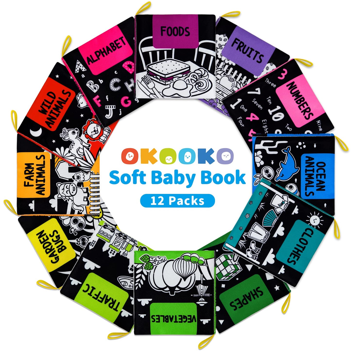 OKOOKO 12PCS High-Contrast Soft Baby Books – Washable Cloth Bath Books for Newborns, Infants, Toddlers