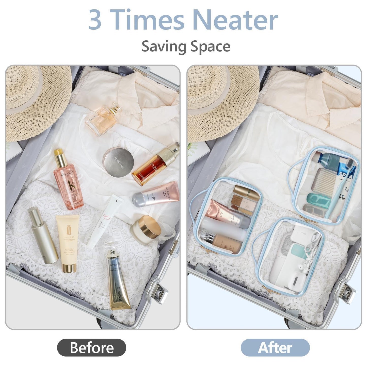 PACKISM Stylish TSA-Approved Toiletry Bag Set | Floral Lace Blue (Medium & Large)