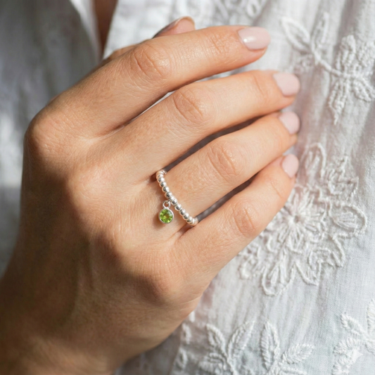 Peridot August Birthstone Charm Ring | Stretch Bead Design