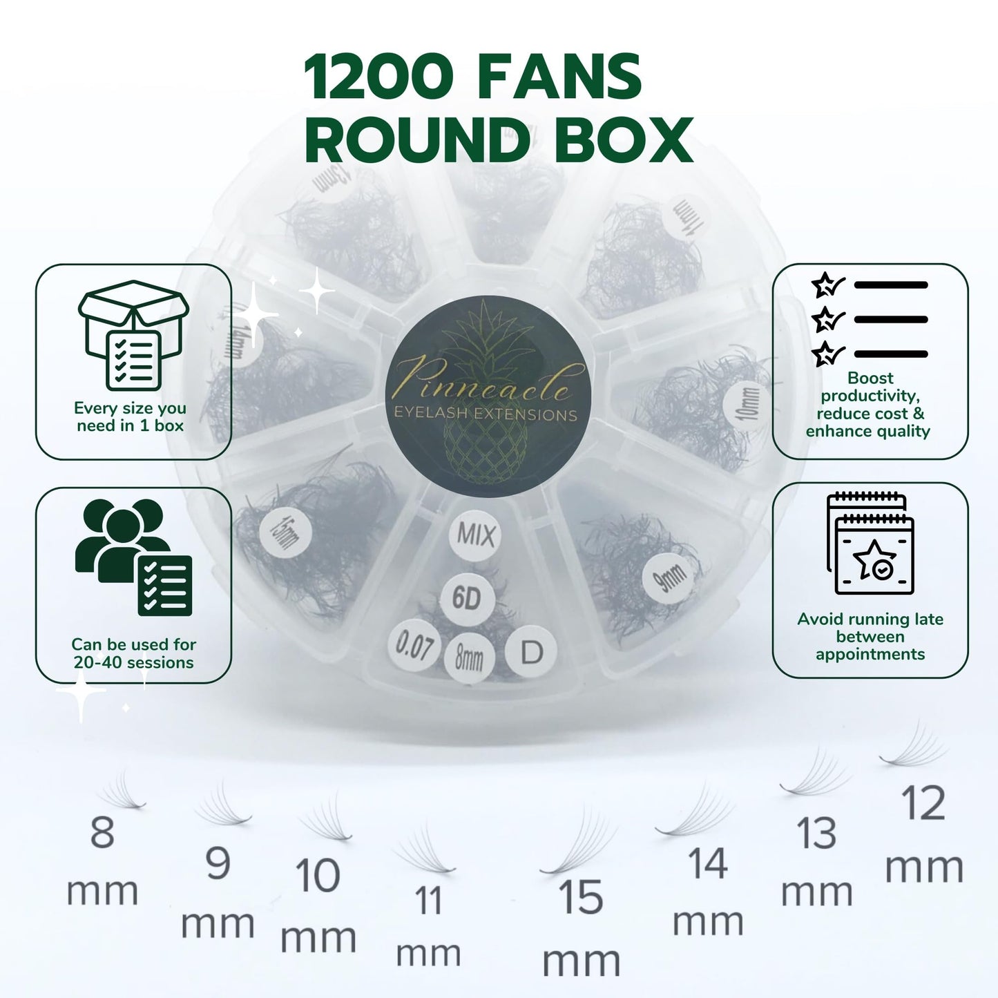 6D 1200 Premade Volume Fans – 9–16mm, 8 Curl Options (C CC D M L) 0.07mm | For Pro Lash Artists | Pinneacle