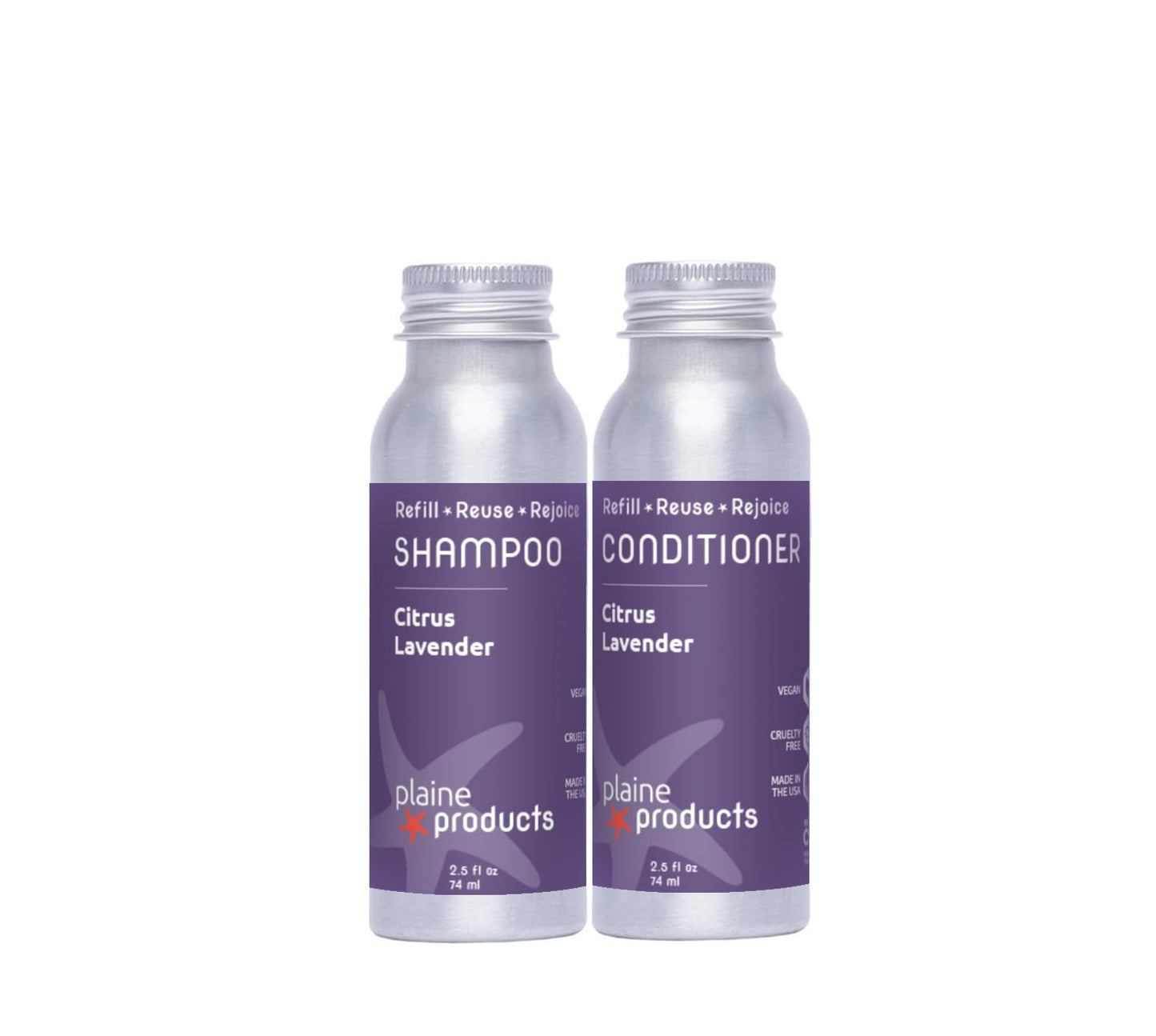 Plaine Products Citrus Lavender Travel Shampoo & Conditioner – 2.5oz Refillable Aluminum Bottles
