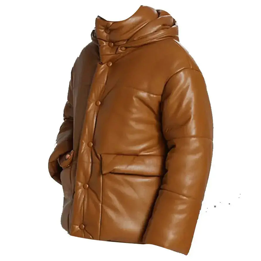 Men’s Brown Puffer Leather Bomber Jacket – Leather Down Jacket