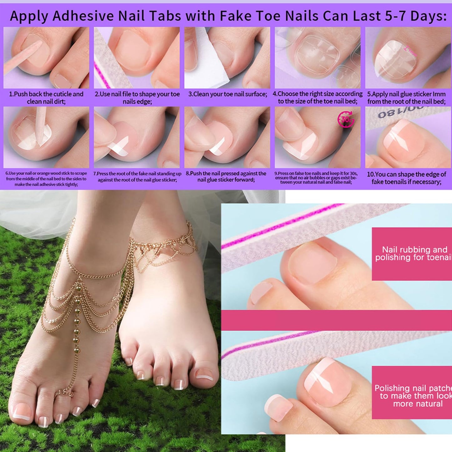 Puyokinm 288Pcs Press-On Toenails Set – 12-Color Short Glitter Glue-On Nails (Glossy Finish)