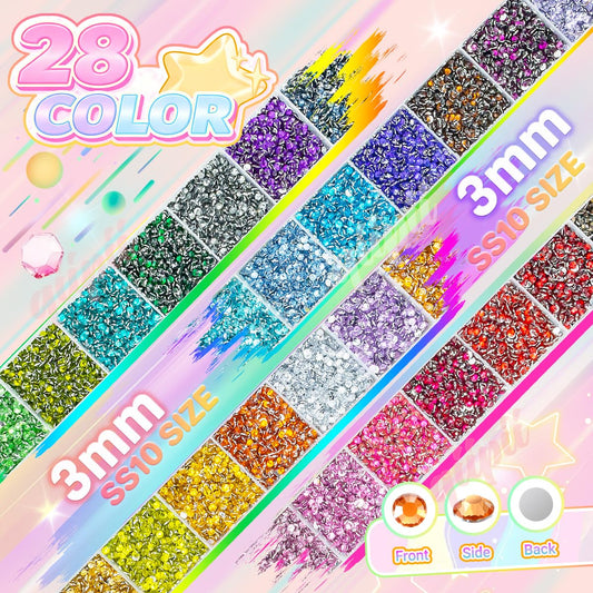 qiipii 28-Color 3mm Crystal Resin Rhinestones with B7000 Glue – Flatback SS10 for Nails, Eyes, Face, Crafts