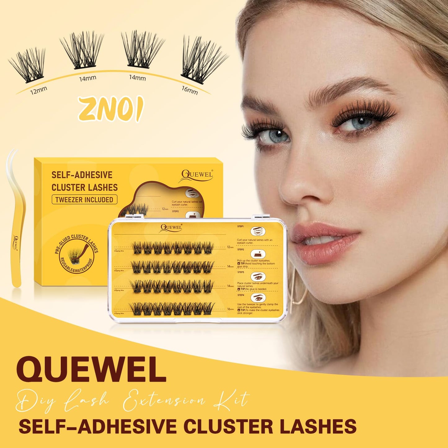 QUEWEL Self-Adhesive Eyelashes Kit ZN-01 – No Glue Needed, Press-On Lashes for Beginners