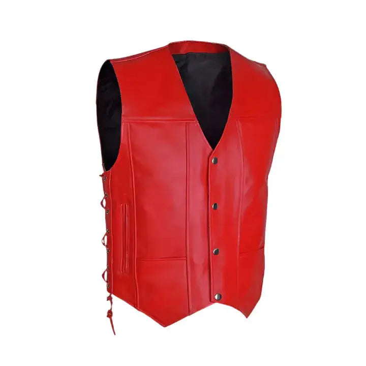 Men's Red Motorcycle Biker Vest – Genuine Cowhide Leather