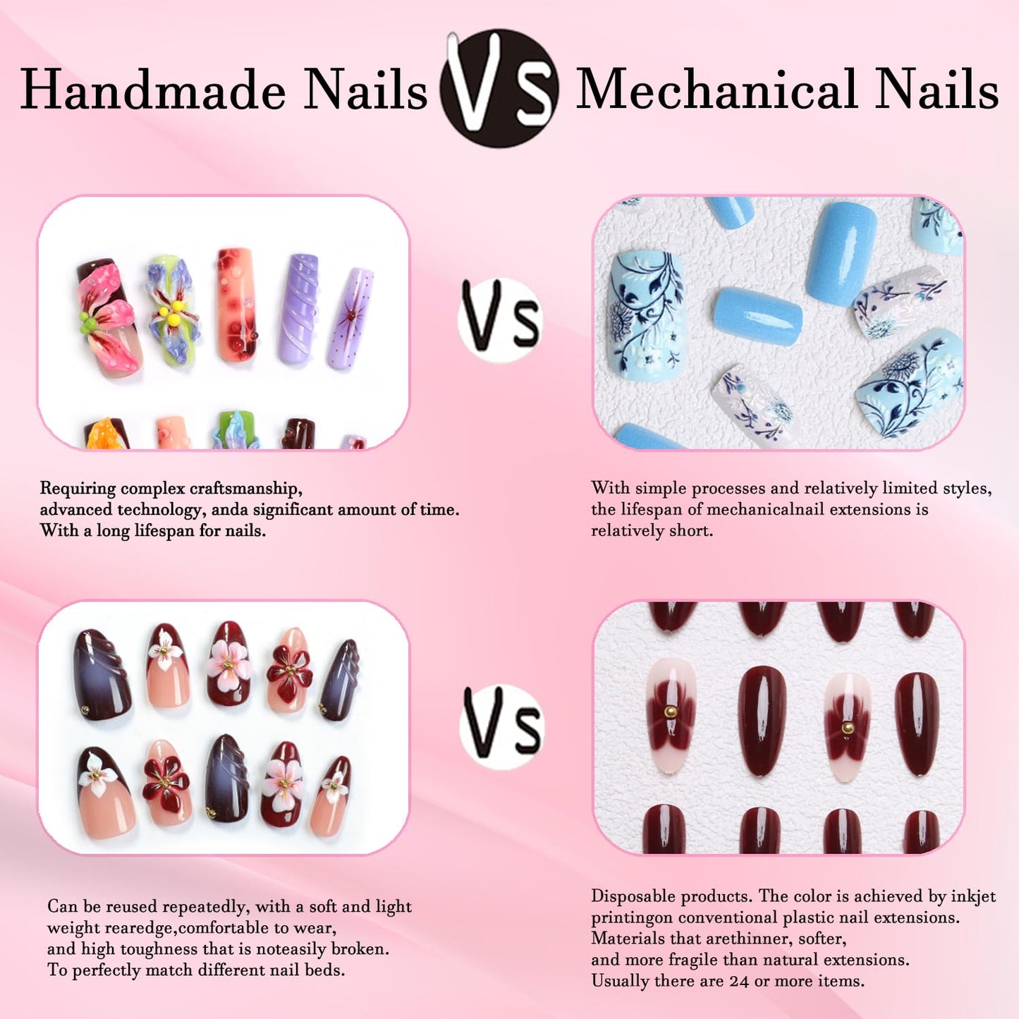 RIICFDD 24-Piece Duck Nail Set | 12 Sizes | French Tip Press-On Nails with Glue, 3D Cherry Flower Rhinestones