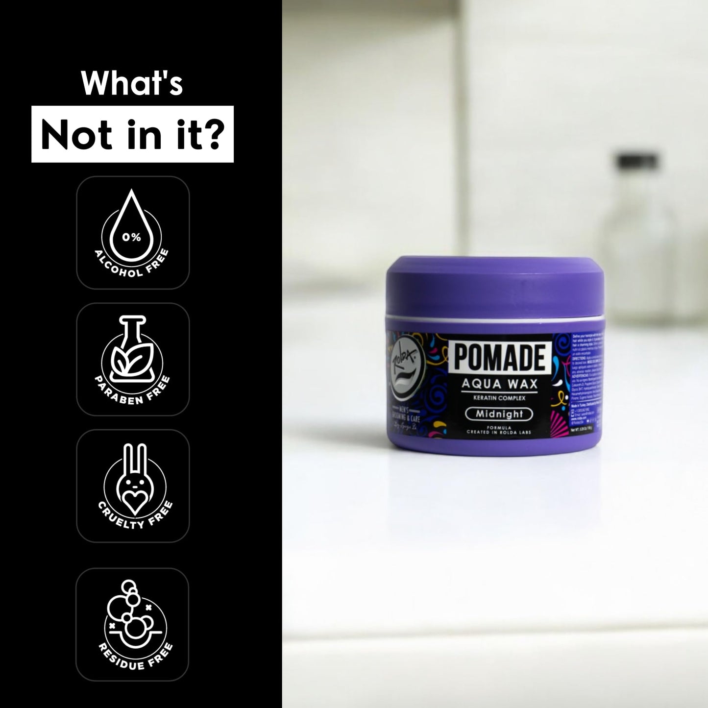 Rolda Midnight Hair Pomade for Men — Water-Based, Medium Hold & Shine