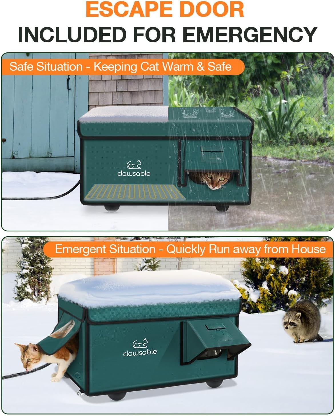 Rolimate Indestructible Heated Cat House – Weatherproof Outdoor Shelter with Escape Door (Forest Green, 26x17x14)