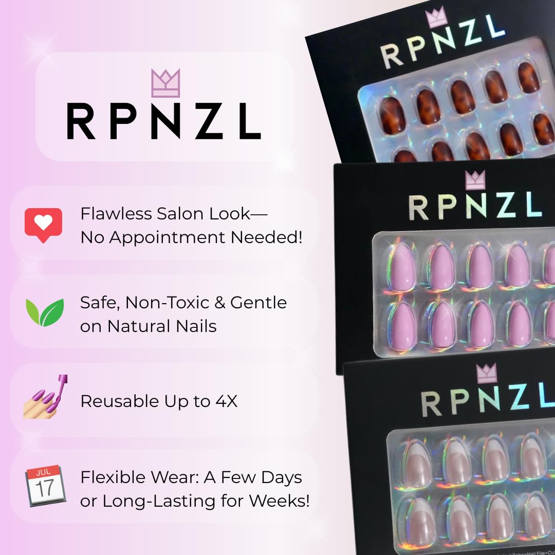 RPNZL Halo Press On Nails – White & Pink Cat Eye UV Finish, Medium Almond, 32 Nails Kit (16 Sizes)