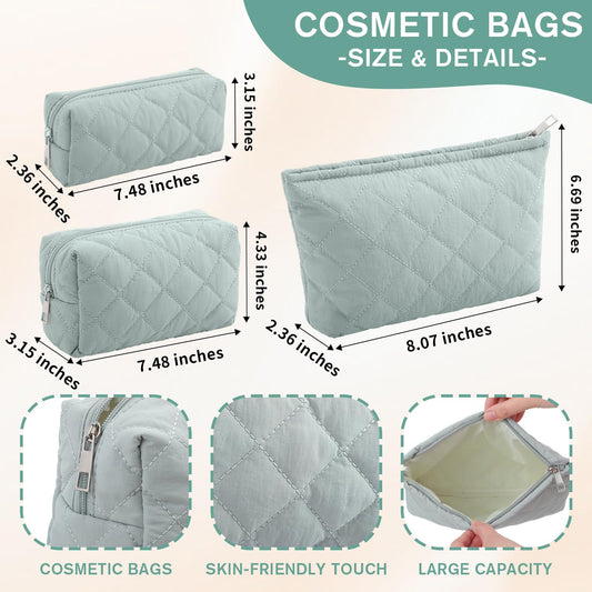 Sadnyy 3 Pcs Puffy Quilted Makeup Bag Set – Valentine Gift, Dark Green Cosmetic Pouches