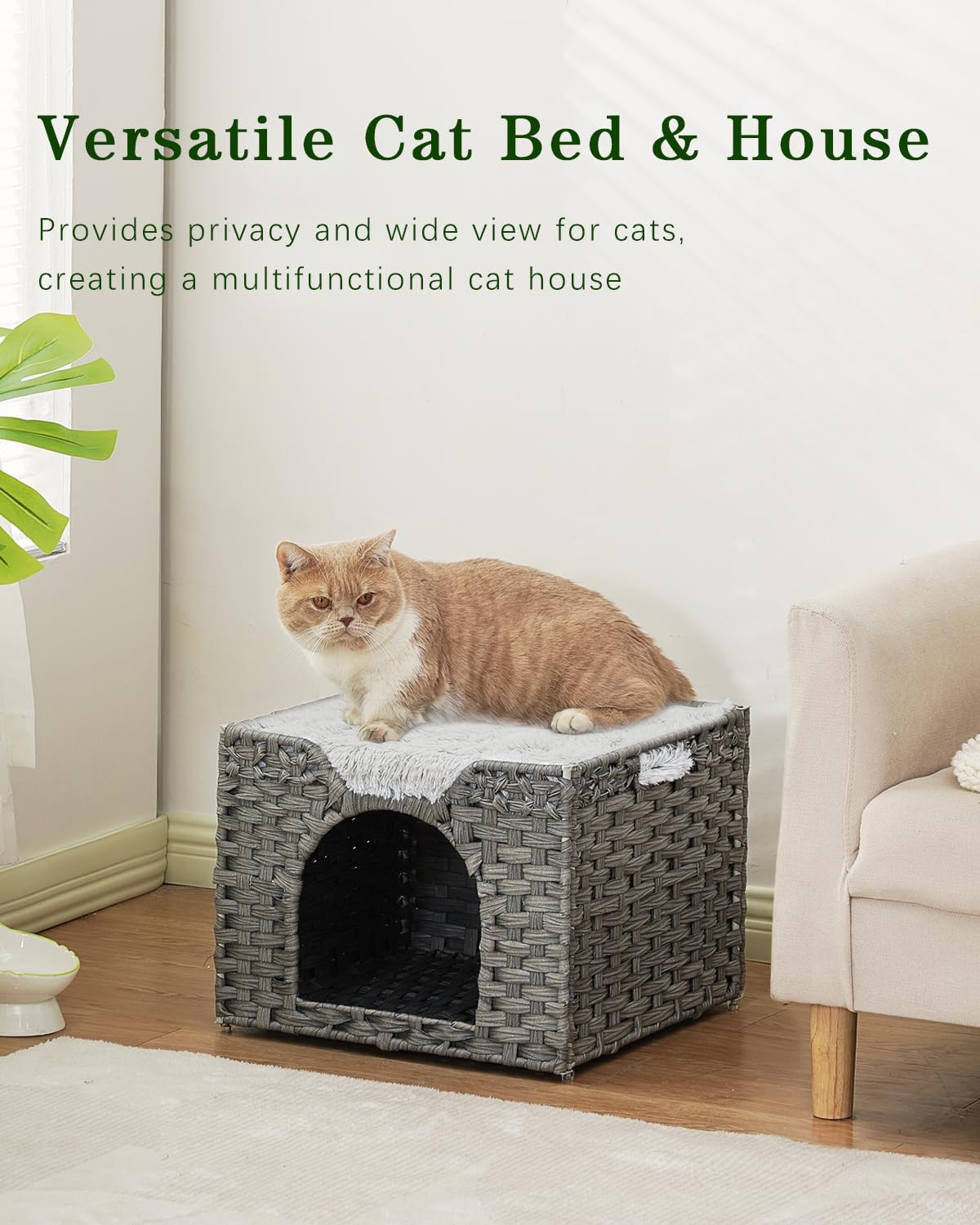 SETVSON Handwoven Rattan Cat Bed Cave — Large Foldable Indoor Cat House with Cushion (16.5x16.5x13.2 in)