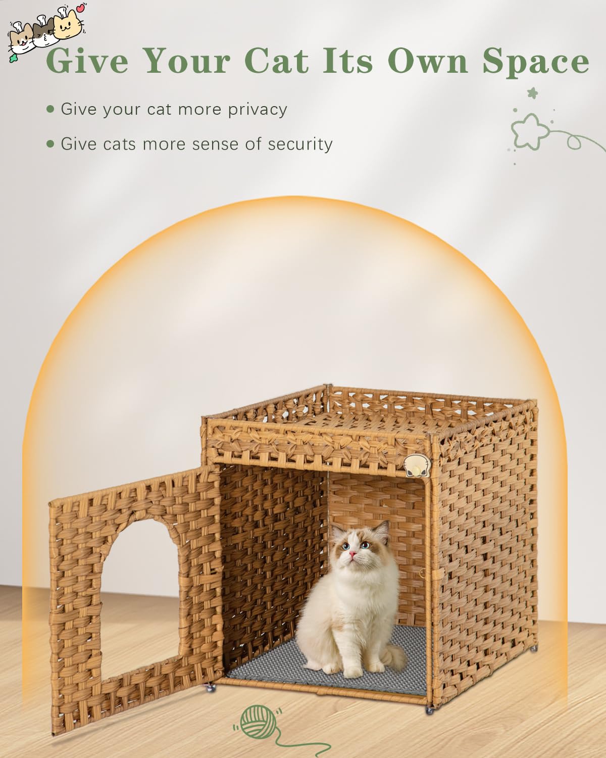 SETVSON Cat Litter Box Enclosure Furniture – Hidden Litter Box with Handwoven Rattan (Natural)