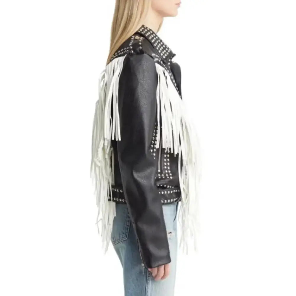 Silver Studded Leather Fringe Biker Jacket