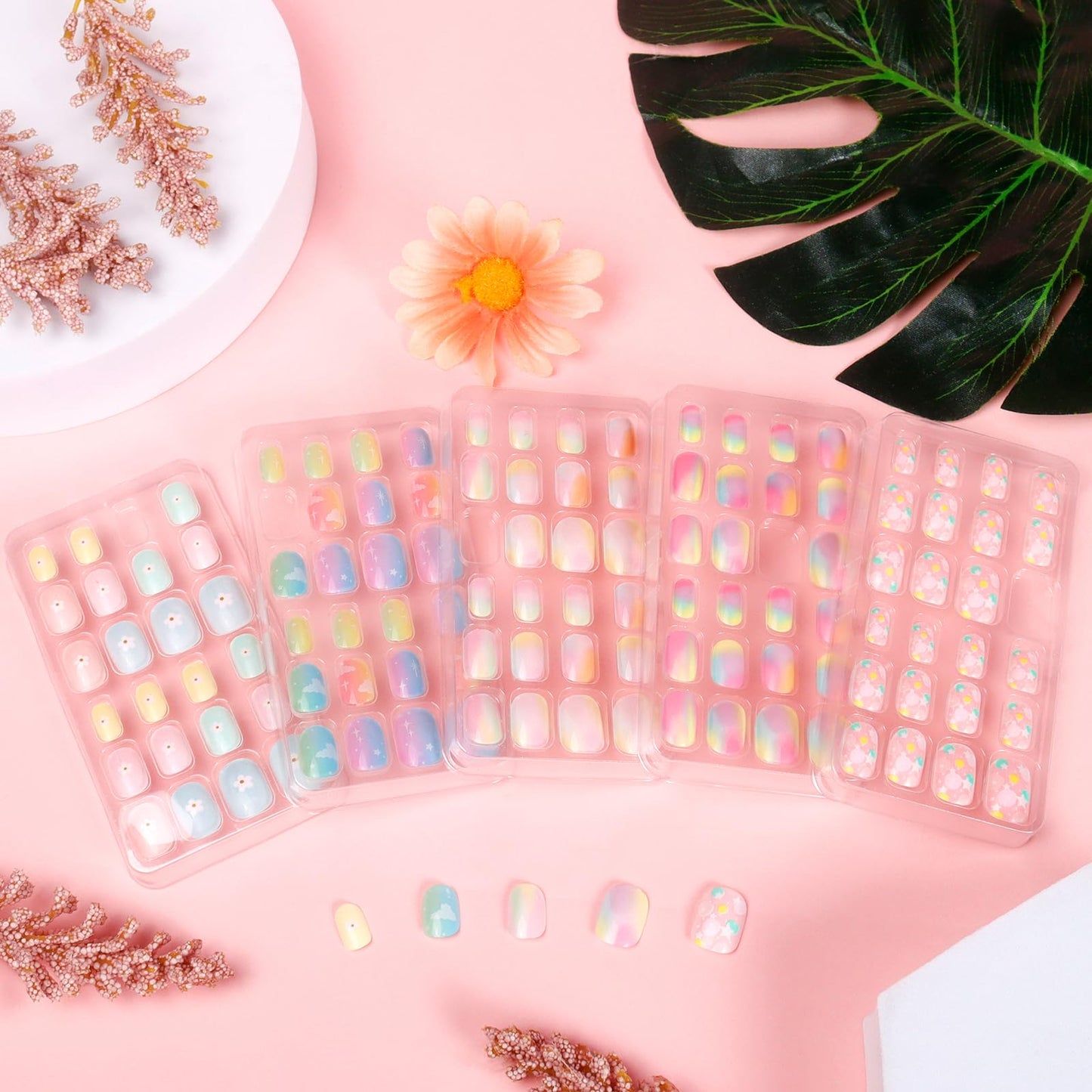 SIUSIO Gradient Paradise Kids Press-On Nails – 120Pcs, 5 Pack, Pre-glue Short Rainbow Nails