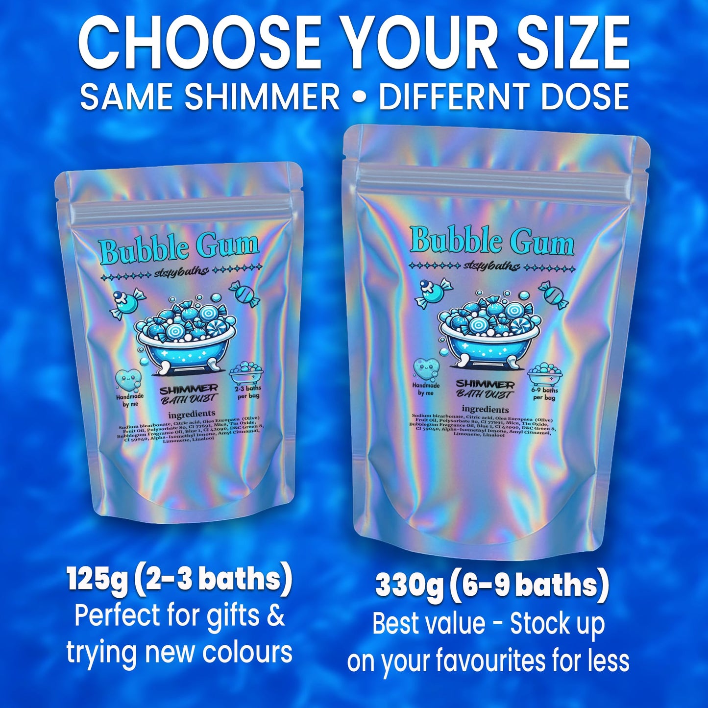Stsfybaths Sky Blue Bubblegum Shimmer Bath Bomb in a Bag - Handmade Scented Bath Bombs for Women, Kids & Men (11.64 oz)