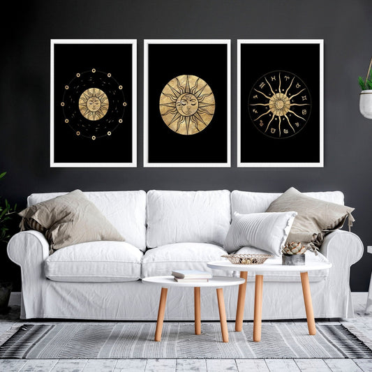 Sun and moon drawing | set of 3 framed wall art