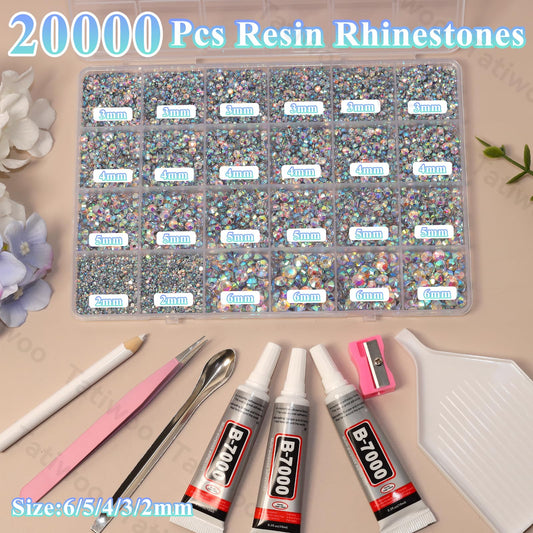 Tatiwoo 20000Pcs AB Flatback Jelly Resin Rhinestones — Mixed Sizes for Crafting & DIY Bedazzling