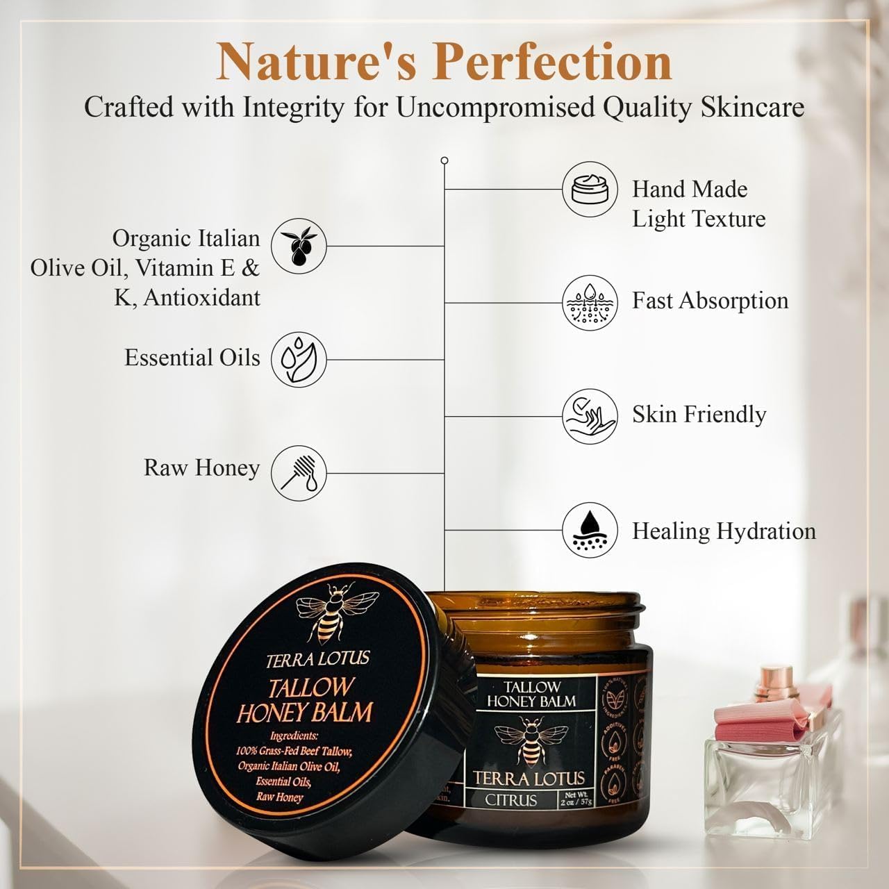 Terra Lotus Honey Tallow Balm — Organic Grass-Fed Beef Tallow & Raw Honey (Unscented, 2 oz)