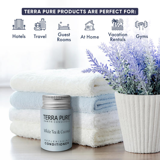 Terra Pure Travel Size Hotel Conditioner – 100 x 1oz Bottles, White Tea & Coconut