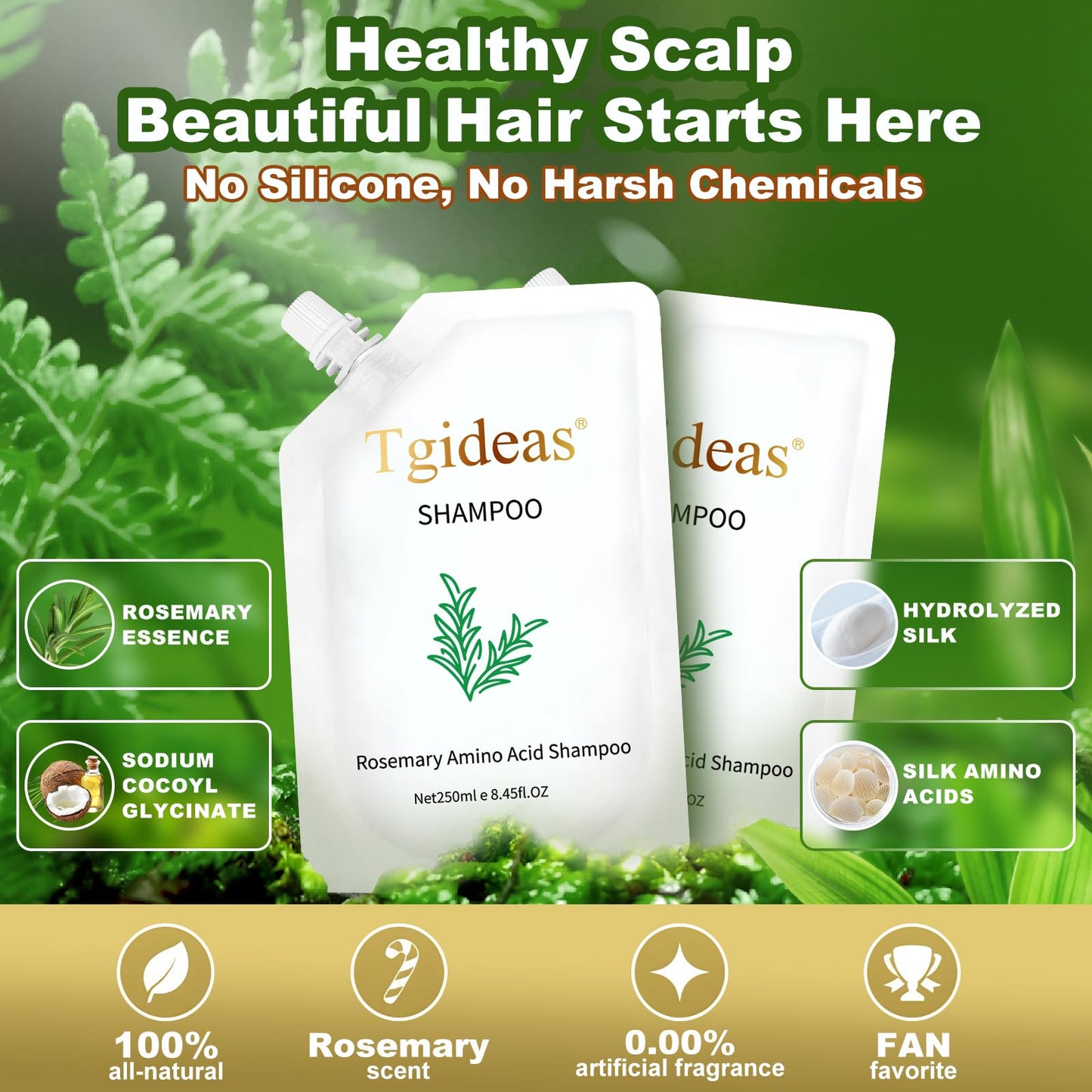 Tgideas Rosemary Biotin Shampoo – Amino Acid Formula for Hair Growth (8.45 fl oz, Two-Piece)