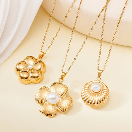 Titanium Steel Die-Casting Pendant Necklace with Inlaid Shell Pearls