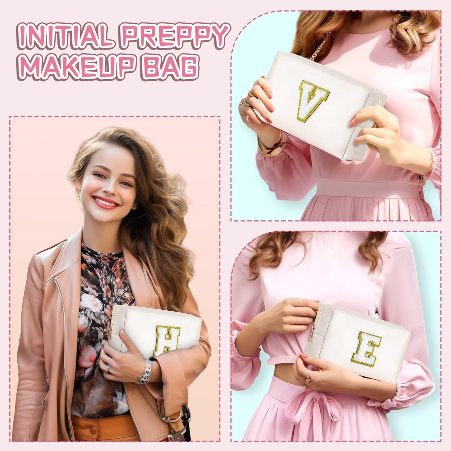 TOPEAST Personalized Preppy Makeup Bag – Pink Travel Cosmetic Bag, Gift for Women