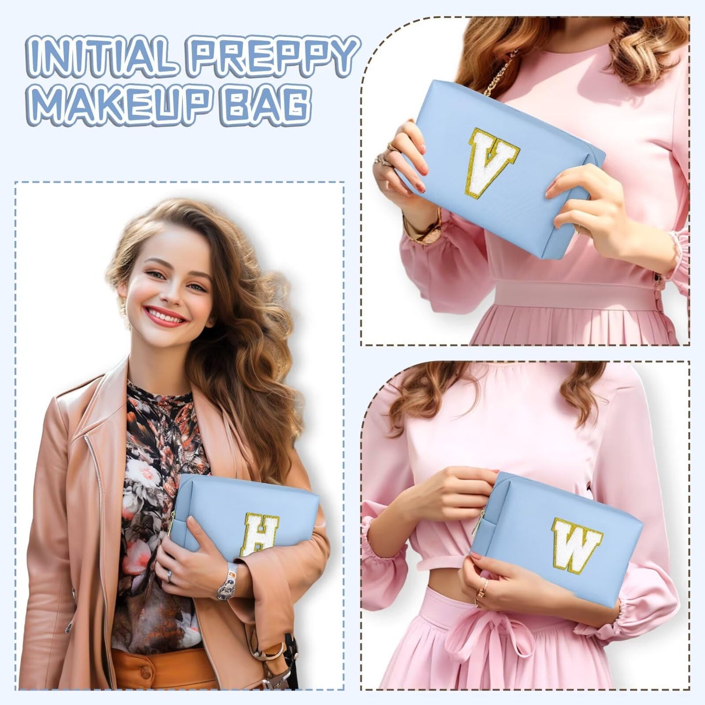 TOPEAST Preppy Travel Makeup Bag – Personalized Sky Blue Cosmetic Gift for Women