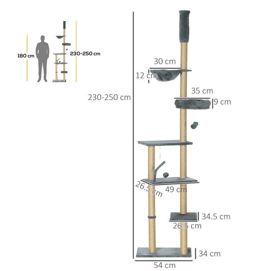 Ultimate 6-Tier Cat Tree - Scratching Post, Bed, Hammock - 54x34x230cm - Grey