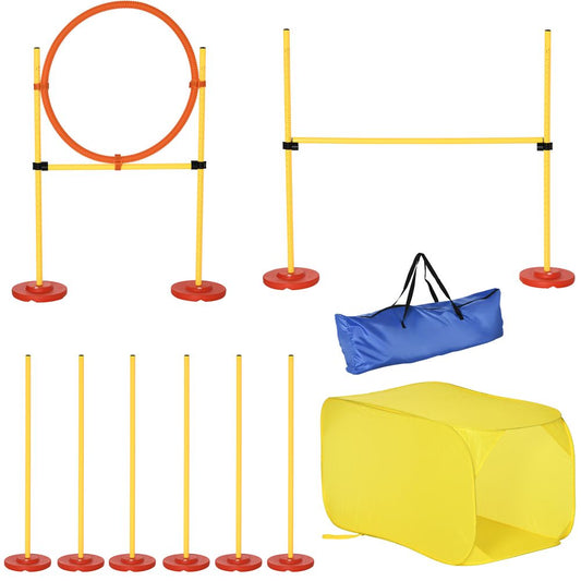 PawHut Portable Pet Agility Training Obstacle Set for Dogs w/Adjustable High Jumping Pole, Jumping Ring, Turnstile poles, Tunnel
