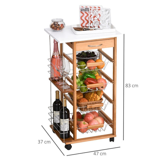 Premium MDF Kitchen Trolley - Storage Cart with 4 Baskets, Spice Racks, and Smooth Wheels - Brown