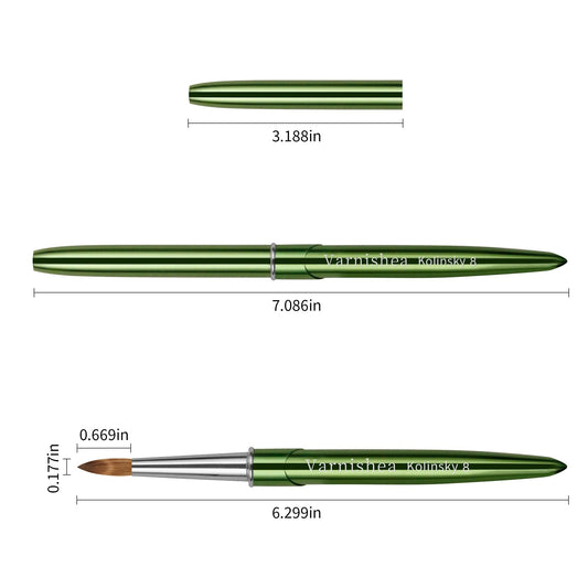 varnishea Kolinsky Hair Acrylic Nail Brush – Green Metal Handle, Size 8, 1.0 Count