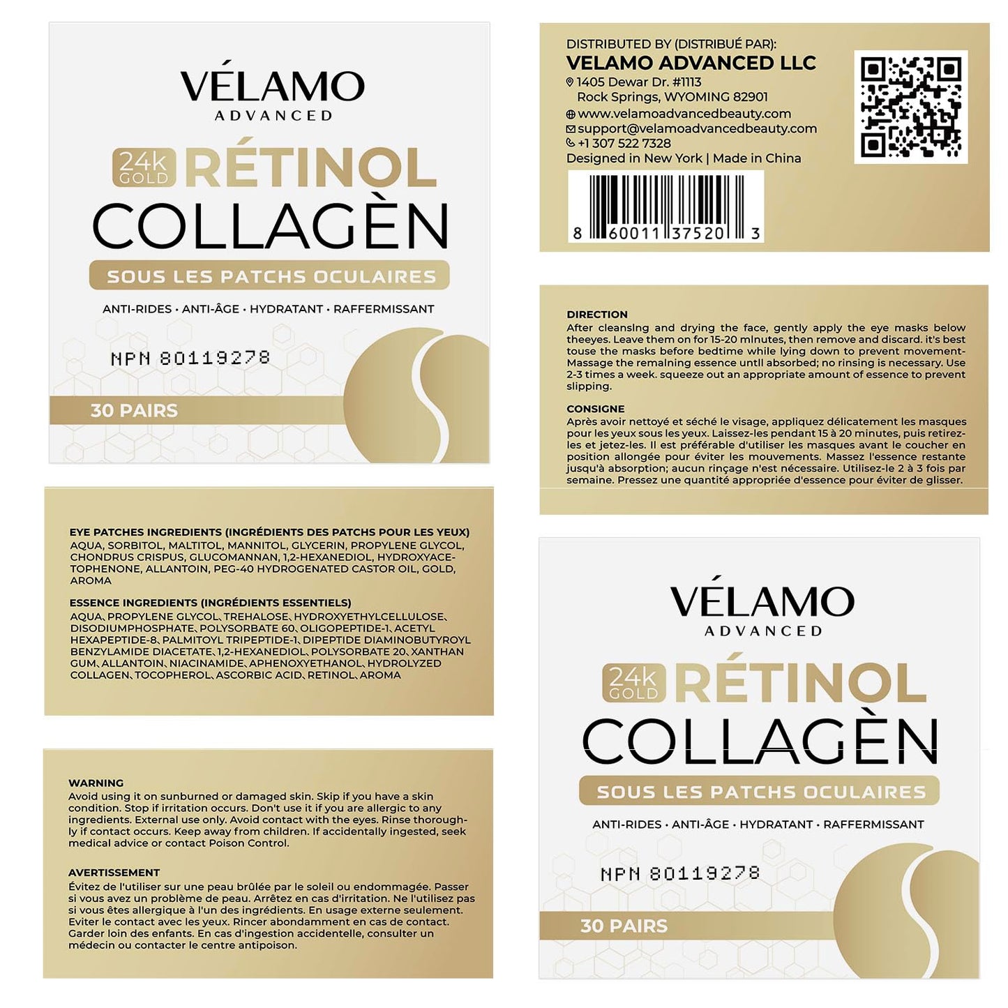 VELAMO ADVANCED 24K Gold Under Eye Patches – Retinol & Collagen Eye Masks for Puffiness, Dark Circles & Wrinkles | 60 Pcs