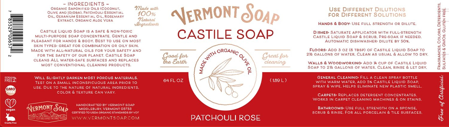 Vermont Castile Soap Patchouli Rose | Gentle Liquid Soap for Sensitive Skin, Body Wash & Oily Hair – 64 oz