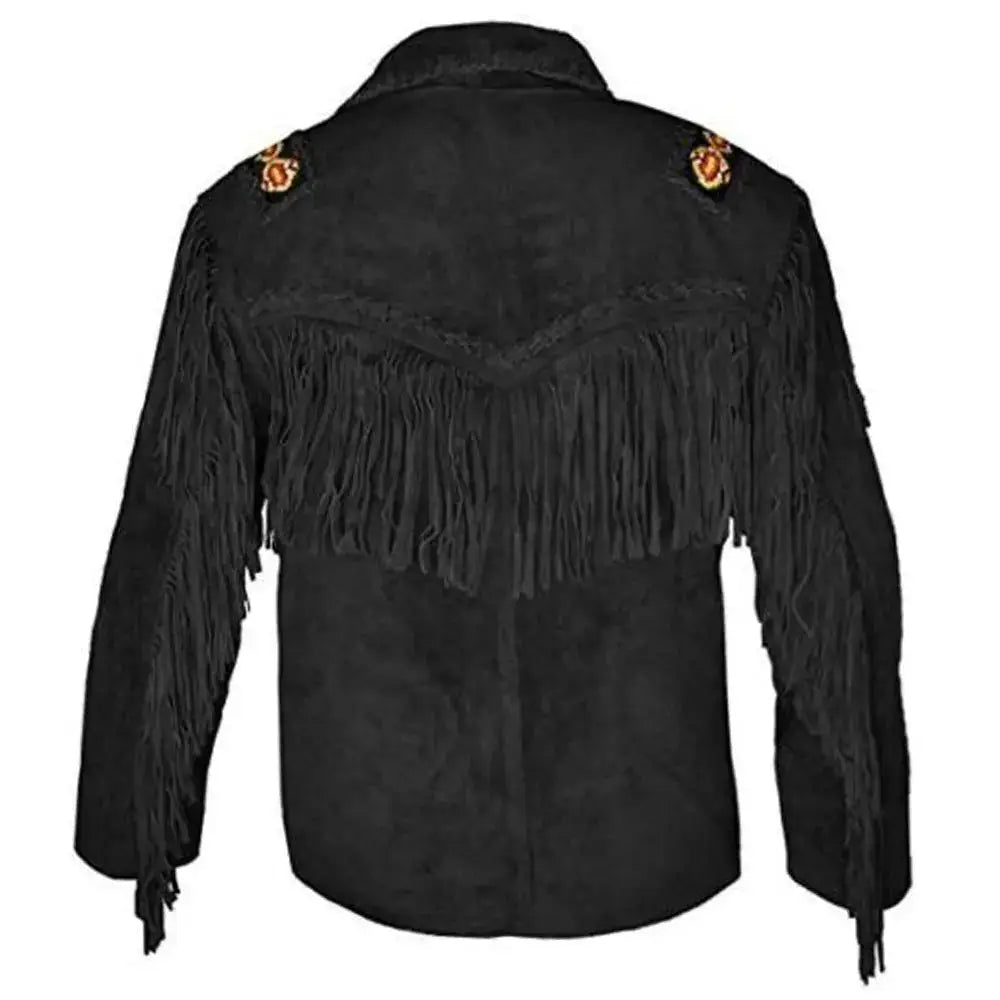 Men's Black Suede Western Fringe Leather Jacket