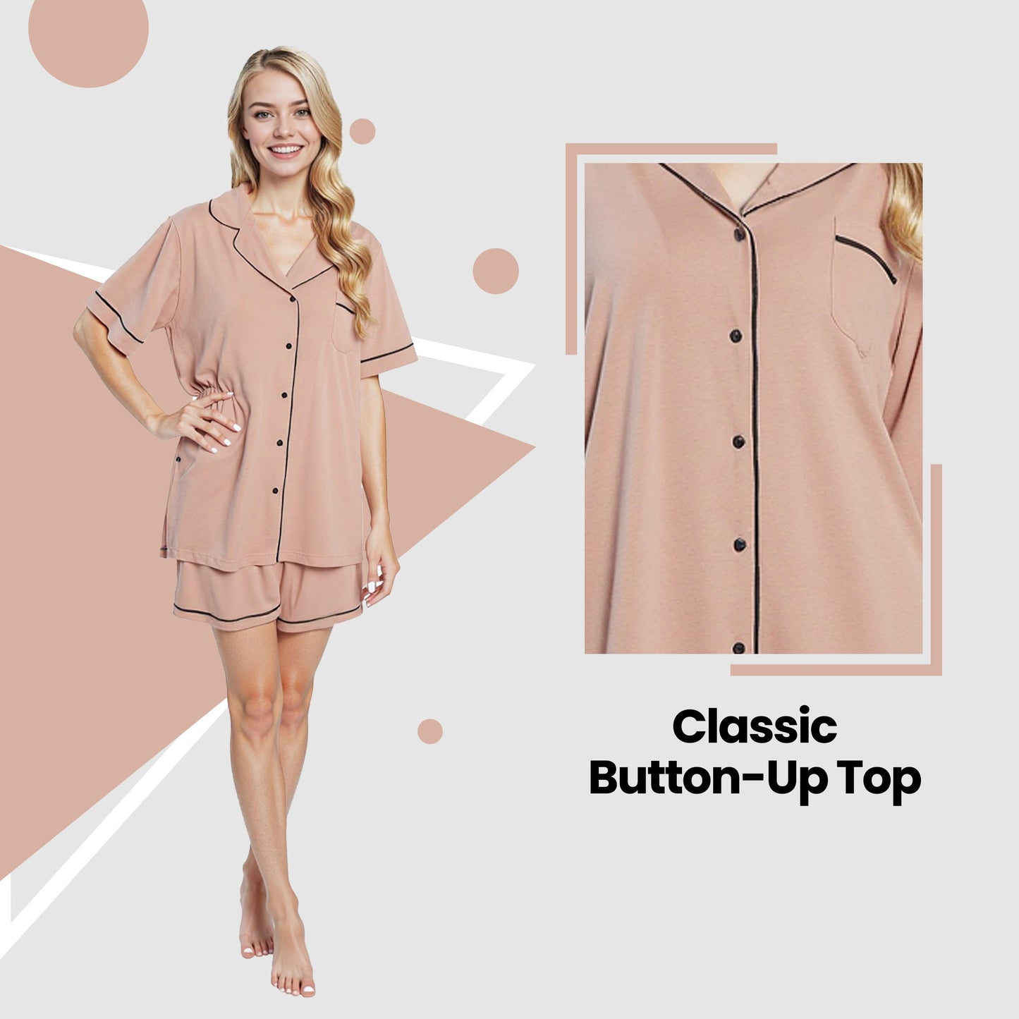 Women's Natural Short Pyjama Set Super Soft Sleepwear Nightwear Button Up Top and Shorts with Pockets PJs by Daisy Dreamer