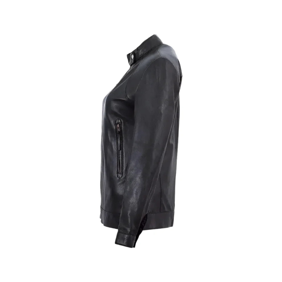 Women’s Black Band Collar Biker Leather Jacket