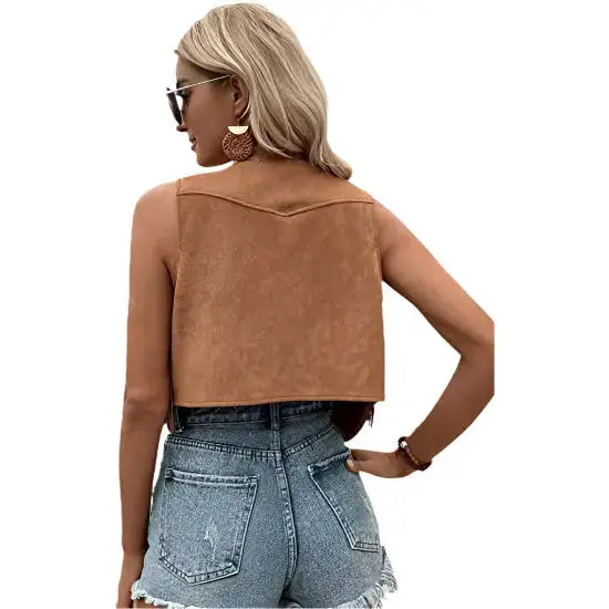 Women’s Coffee Brown Suede Sleeveless Crop Vest with Fringe Trim