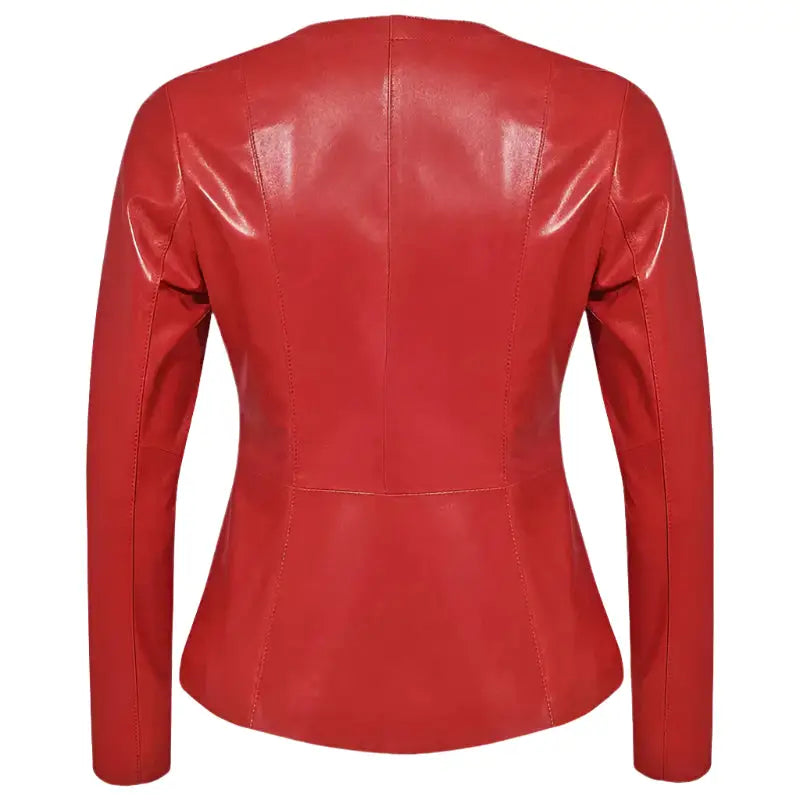 Women’s Collarless Red Leather Blazer – Slim Fit