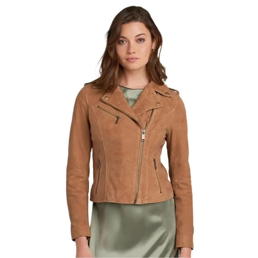 Women’s Tan Brown Suede Leather Moto Jacket