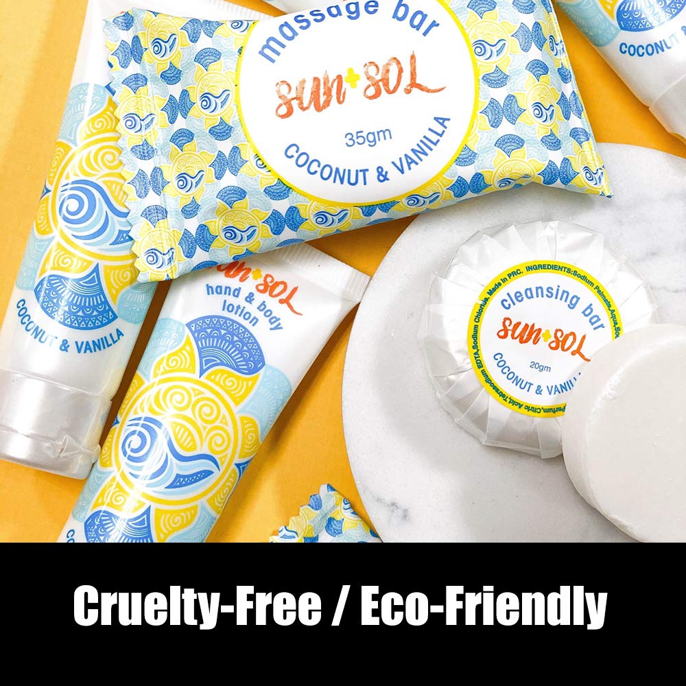 World Amenities Sun + Sol 2-in-1 Shampoo & Conditioner Bulk Pack – Coconut & Vanilla, 0.7 oz Tubes (50 Count)
