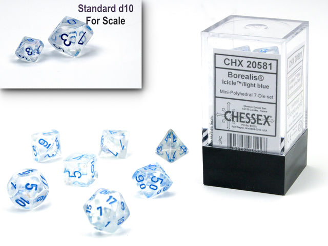 Chessex - Mini Borealis Polyhedral 7 Die Set - Luminary Icicle light Blue
